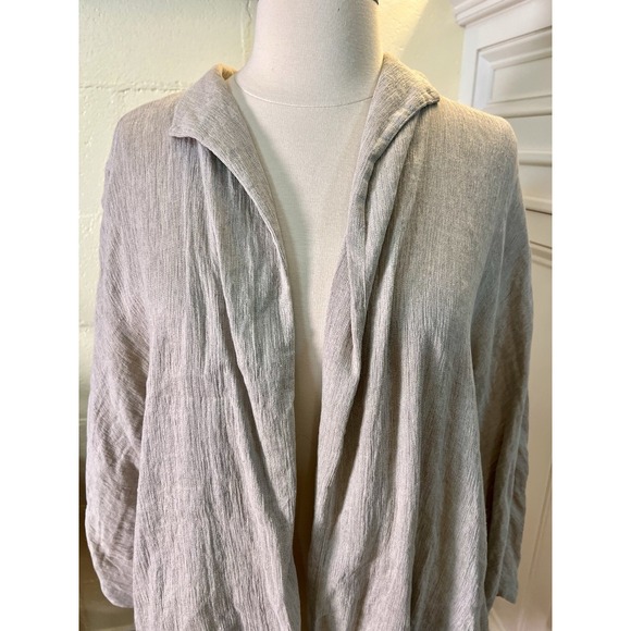 Eileen Fisher Gray/Tan 3/4 Length Sleeve Open Front Linen Blend Jacket Sz Large - Picture 2 of 8